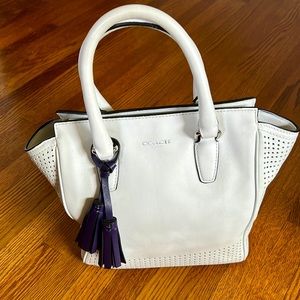 COACH Legacy Leather White Candace Carryall Purple Tassel Tote Perforated 22390